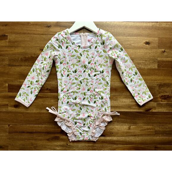 NWT SweetHoney Long Sleeve Rash Guard Santa Cruz Floral White Pink Ruffle Preppy - Picture 2 of 8